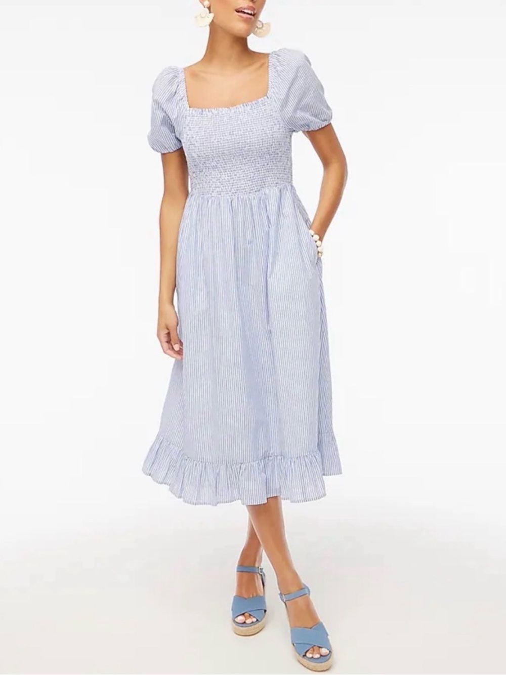 J Crew Smocked Square-Neck Midi Dress